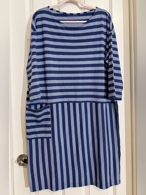 Gudrun Sjoden Navy and Light Blue Striped Midi Dress with Pocket